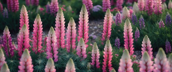 Aufkleber - Lush garden filled with blooming pink and purple lupine flowers in soft daylight with green foliage and room for text