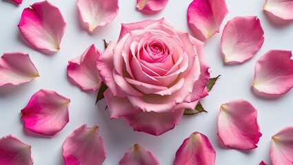 Aufkleber - Pink rose flower surrounded by scattered petals on white background with Copy Space for text insertion