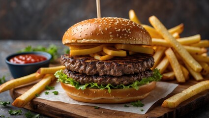 Aufkleber - Juicy grilled hamburger with sesame seed bun topped with fries served with french fries and ketchup on wooden board with copy space