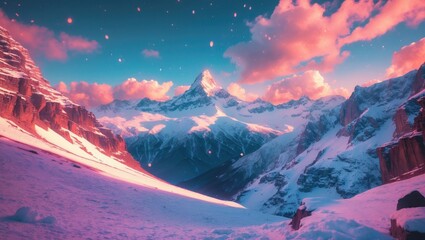 Aufkleber - Snowy mountain landscape with pink and blue sunset sky and cloud reflections, featuring a majestic peak in the background, Copy Space.
