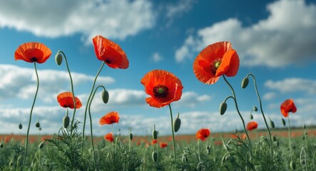 Aufkleber - Vibrant red poppy flowers in a sunny field under a blue sky with fluffy clouds with copy space for text insertion