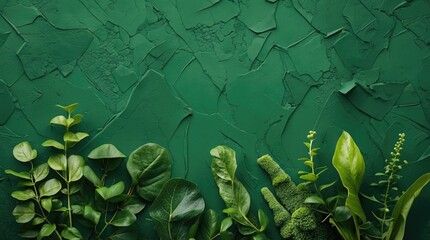 Aufkleber - Green textured wall background with assorted leaves and plants arranged at the bottom, providing ample copy space for text.
