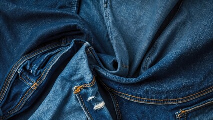 Aufkleber - Denim fabric texture with multiple layers of jeans showing various shades of blue and raw edges Copy Space