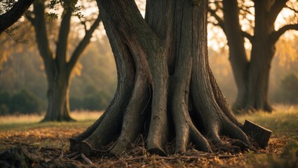 Poster - Detailed close-up of large tree roots in natural setting with warm sunlight filtering through leaves, suitable for nature themes, Copy Space