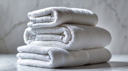 Aufkleber - Stack of neatly rolled white towels on a marble surface with soft natural lighting Copy Space