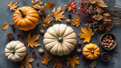 Aufkleber - Autumn composition featuring decorative pumpkins and colorful foliage on textured background with copy space for text placement