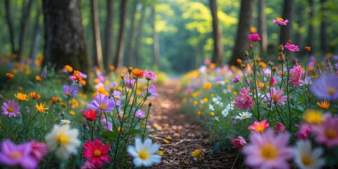 Poster - Colorful wildflowers along a forest pathway surrounded by lush greenery in a tranquil nature setting Copy Space