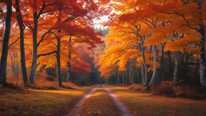 Poster - Autumn forest path with vibrant orange and yellow foliage on trees during fall season landscape photography with Copy Space