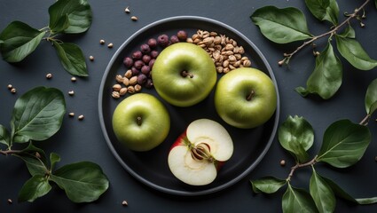 Aufkleber - Green apples on a black plate surrounded by nuts and berries with green leaves on a dark surface Copy Space