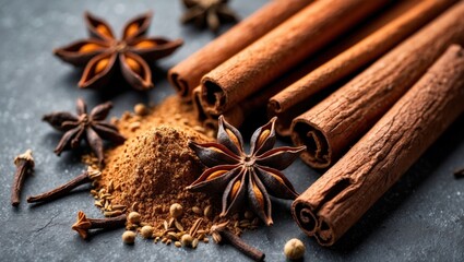 Aufkleber - Cinnamon sticks star anise and ground spices on dark stone background with copy space for text or design elements.