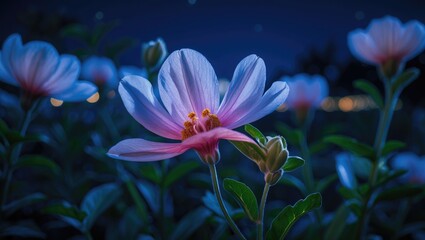 Aufkleber - Delicate pink flower with white petals in a dark nighttime scene with blurred lights in the background and copy space for text.
