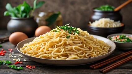 Aufkleber - Served plate of cooked noodles topped with green onions on wooden table with fresh ingredients and eggs in background Copy Space