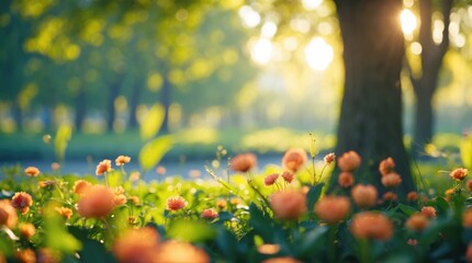 Aufkleber - Sunlit garden with blooming orange flowers in focus surrounded by lush greenery and soft sunlight filtering through trees Copy Space