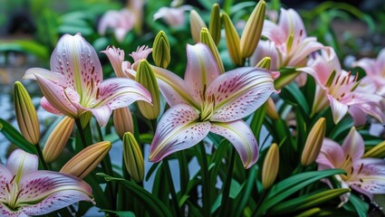 Poster - Close-up of pink lilies with buds in a garden setting featuring vibrant green leaves and natural lighting Copy Space