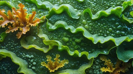 Poster - Detailed close-up of green algae with wavy structures and small orange coral-like formations covered in water droplets Copy Space