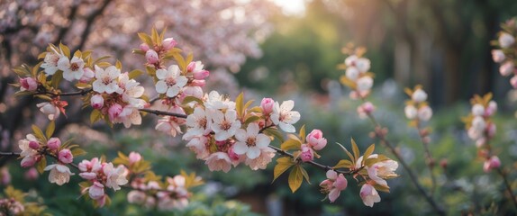 Aufkleber - Cherry blossom branch with pink and white flowers in a garden setting during sunset with soft warm light and natural bokeh effect Copy Space