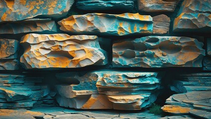 Poster - Textured rock wall with layered stone formation showing natural patterns and colors suitable for backgrounds and design elements Copy Space