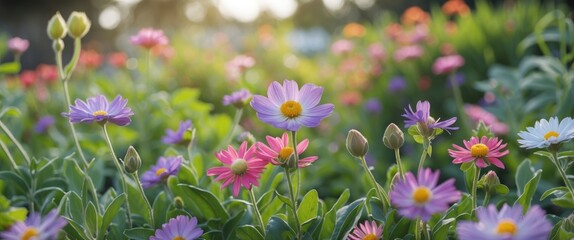 Poster - Colorful flower garden with pink and purple blooms in soft sunlight nature scene with copy space for text