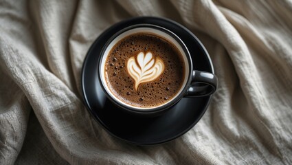 Poster - Coffee cup with latte art on textured fabric background with copy space for text usage