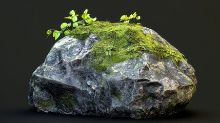 Sticker - A large, weathered rock covered in vibrant green moss and small plants stands out against a dark backdrop. Nature's resilience.