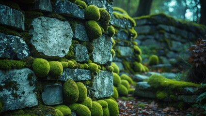 Aufkleber - Moss-covered stone wall in a forest environment with natural greenery and foliage using soft lighting and shallow depth of field Copy Space