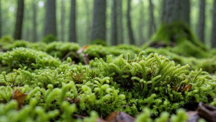 Aufkleber - Moss and lush greenery in forest setting with blurred trees in background showcasing detailed textures and natural colors Copy Space