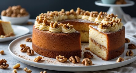 Aufkleber - Delicious buttercream frosted cake with nuts and a slice removed on a white plate with scattered pecans and a dark background. Copy Space