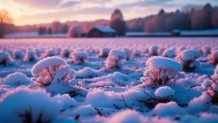 Aufkleber - Snow-covered field with plants under soft purple and blue sunset light in rural landscape. Barn in background, winter tranquility. Copy Space