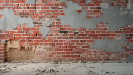 Aufkleber - Rustic brick wall with peeling paint and exposed areas, showcasing texture and decay, suitable for backgrounds with copy space.