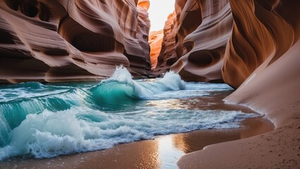 Poster - Canyon landscape with flowing turquoise water and red rock formations creating natural patterns at sunset Copy Space