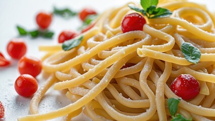 Aufkleber - Delicious plate of spaghetti topped with cherry tomatoes and fresh mint leaves on a white background with Copy Space