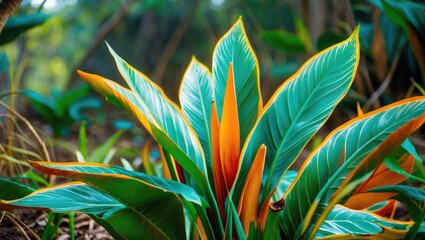Poster - Tropical foliage with vibrant green and orange leaves in a natural outdoor setting with soft focus background and Copy Space