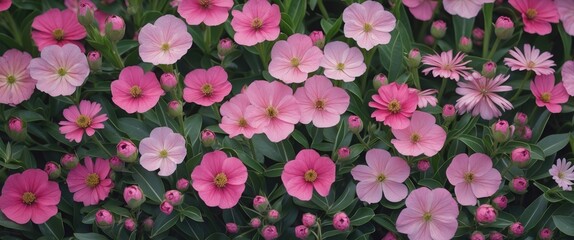 Aufkleber - Pink flowers and green leaves close-up floral background with various shades of pink and white petals Copy Space