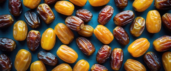 Aufkleber - Various types of dates in different colors and sizes arranged on a blue background with natural light Copy Space