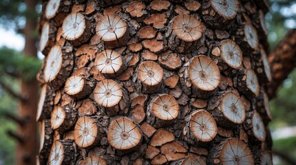 Aufkleber - Close-up view of textured tree bark with circular wood patterns showing growth rings and natural imperfections Copy Space