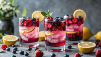 Poster - Fresh berry lemonade cocktails with raspberries, blueberries, and lemon slices in glasses on a rustic table with copy space