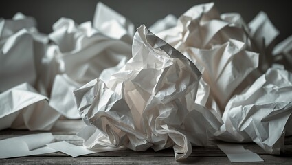Aufkleber - Crumpled white paper sheets scattered on wooden surface with natural light and shadows creating texture and depth Copy Space