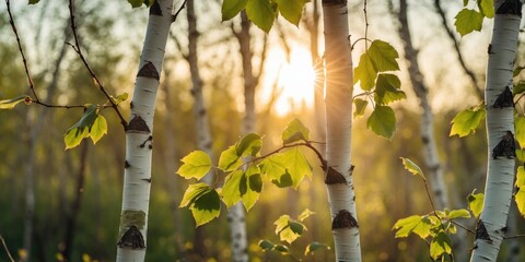 Aufkleber - Sunset through Birch Trees with Green Leaves and Soft Light in a Forest Setting Copy Space