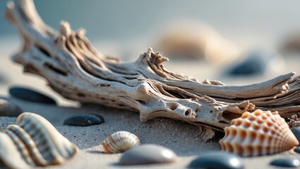 Aufkleber - Driftwood and assorted seashells on sandy beach with pebbles in natural sunlight Copy Space
