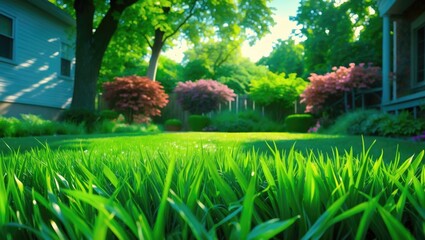 Poster - Lush green lawn with vibrant trees and flowering shrubs in a residential backyard garden under bright sunlight with Copy Space