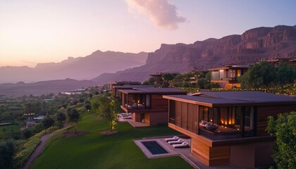 Wall Mural - Luxury resort villas sit nestled in mountains at dusk, designed for vacation retreat