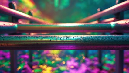 Aufkleber - Close-up view of weathered metallic railing with colorful bokeh effects in a lush forest setting with vibrant lighting and reflection Copy Space