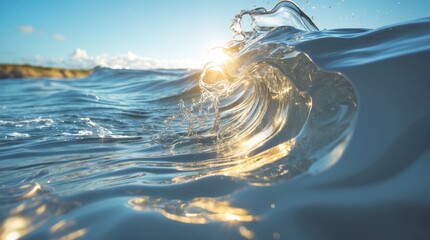 Aufkleber - Sunlight reflecting on ocean waves with a close-up of water surface and dynamic water motion against a clear blue sky Copy Space