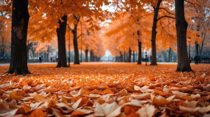 Poster - Autumn park scene with vibrant orange foliage covering the ground and trees lining a walking path in a public space Copy Space