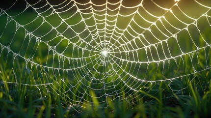 Aufkleber - Close-up of a dew-covered spider web in a natural grassy setting with blurred background and sunlight. Copy Space.