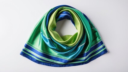 Canvas Print - Colorful silk scarf folded in a circular shape featuring shades of green and blue with striped pattern on edges Copy Space