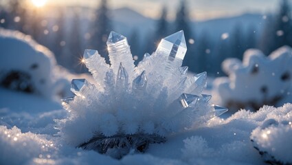 Aufkleber - Ice crystals in snow landscape with sunlight reflections, frozen nature scene, winter background, macro photography, Copy Space
