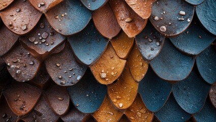 Aufkleber - Textured surface of overlapping ceramic fish scale tiles in shades of blue, brown, and orange with droplets of water, Copy Space available.