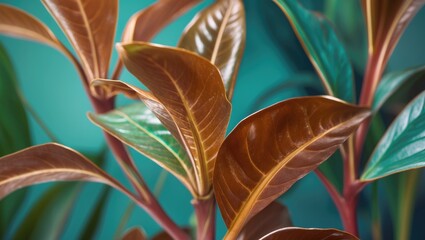 Aufkleber - Close-up of vibrant houseplant leaves with glossy textures and a soft blurred background, suitable for botanical or interior design concepts Copy Space