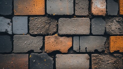 Aufkleber - Textured surface of old bricks in various colors including gray, black, and orange with visible imperfections and dirt Copy Space